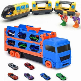 Battery Operated Locomotive Train Set for Wooden Train Tracks Magnetic Connection, Truck Race Track Toys for Kids, 61 Inch Race Track and 6 Die-Cast Transport Truck Car Toys