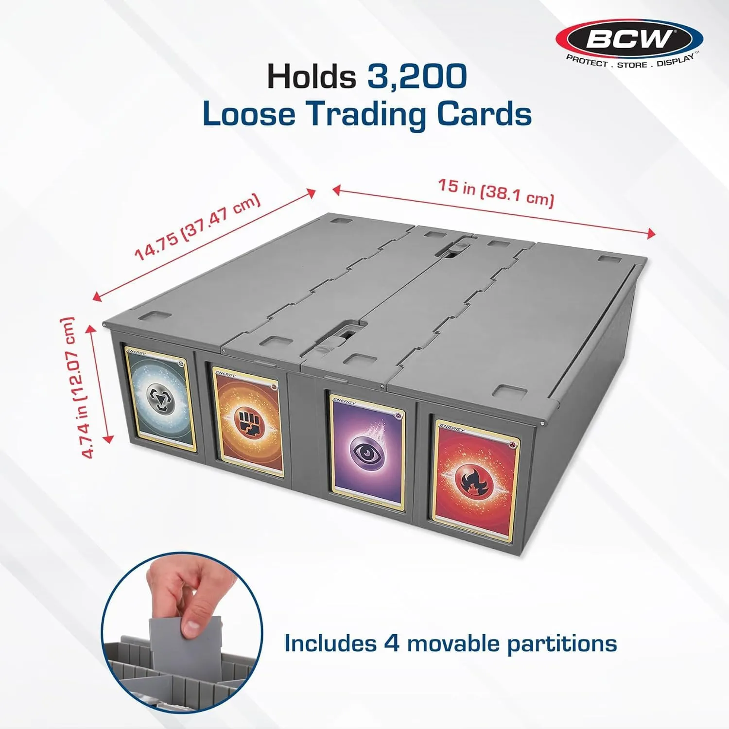 BCW Collectible Card Bin (2-Pack, Gray) | Holds 3200 Cards Each | Includes 4 Dividers | Storage for Pokémon, MTG & Sports Cards