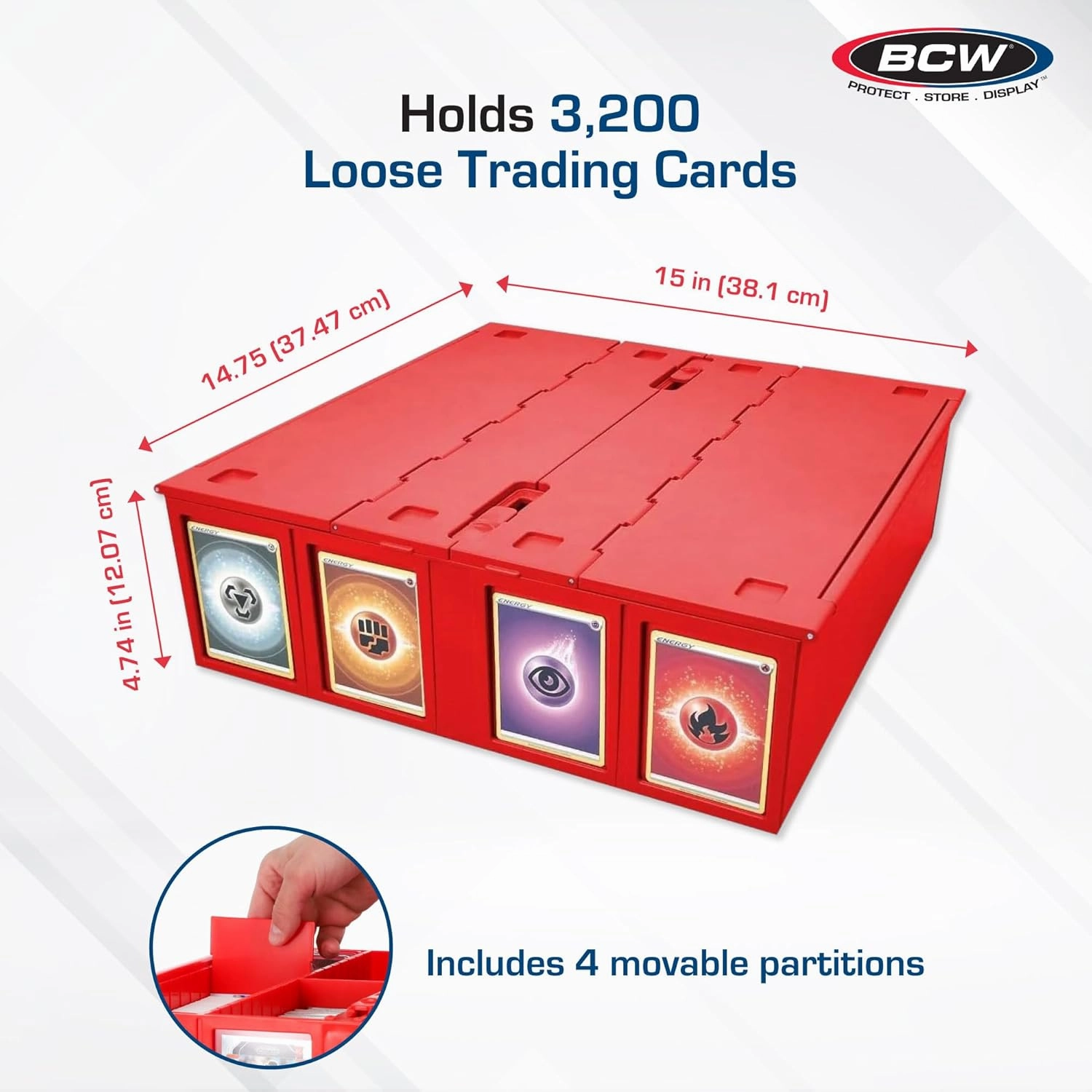 BCW Collectible Card Bin – Red | Holds 3200 Cards | Includes 4 Dividers | Storage for Pokémon, MTG & Sports Cards