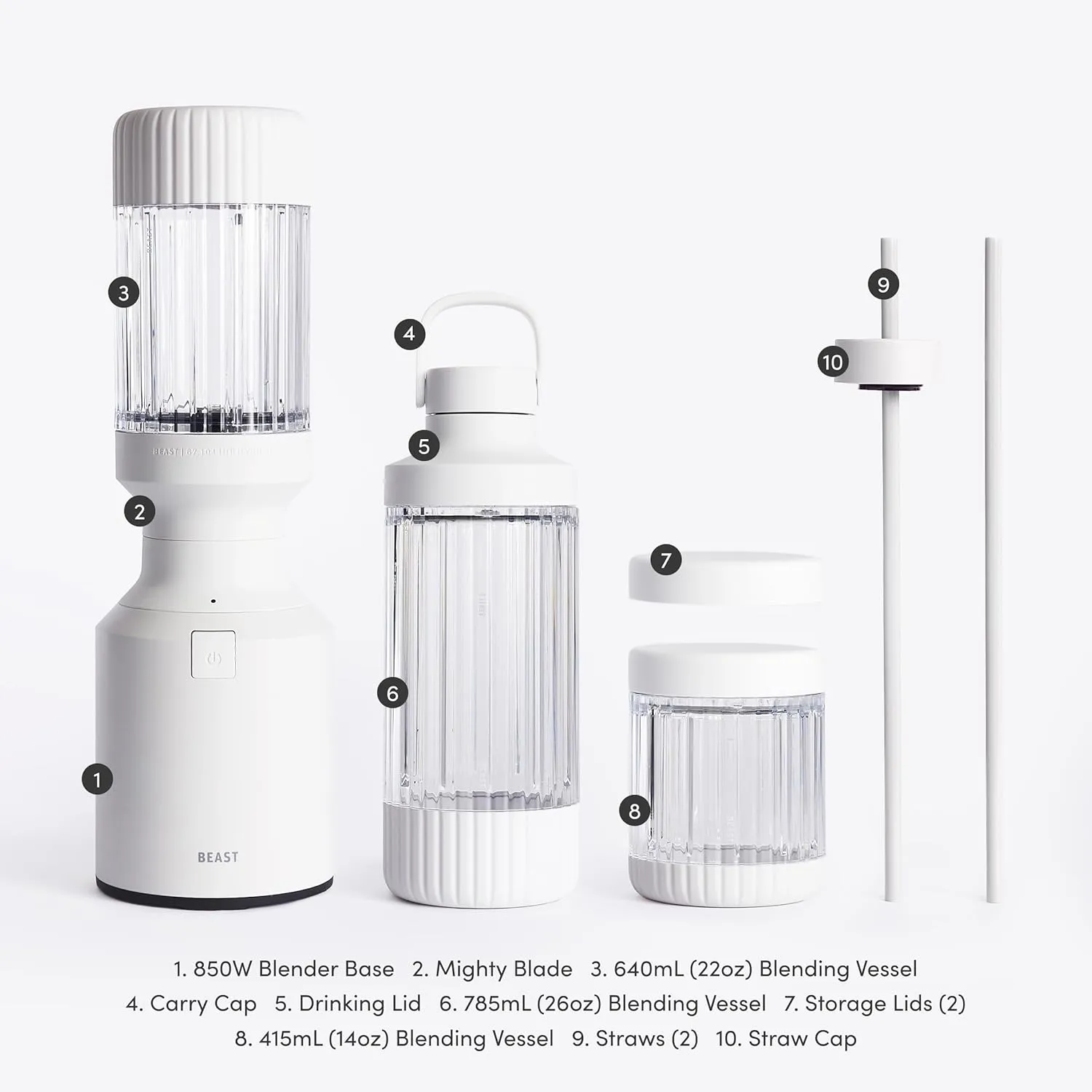 Beast Mighty 850 Plus | Premium Compact Personal Blender | Smoothies, Shakes, Dressings, Sauces | Blends Ice and Frozen Fruit | New XL Vessel | Extra Vessels, Lids and Straws | 850W (Cloud White)