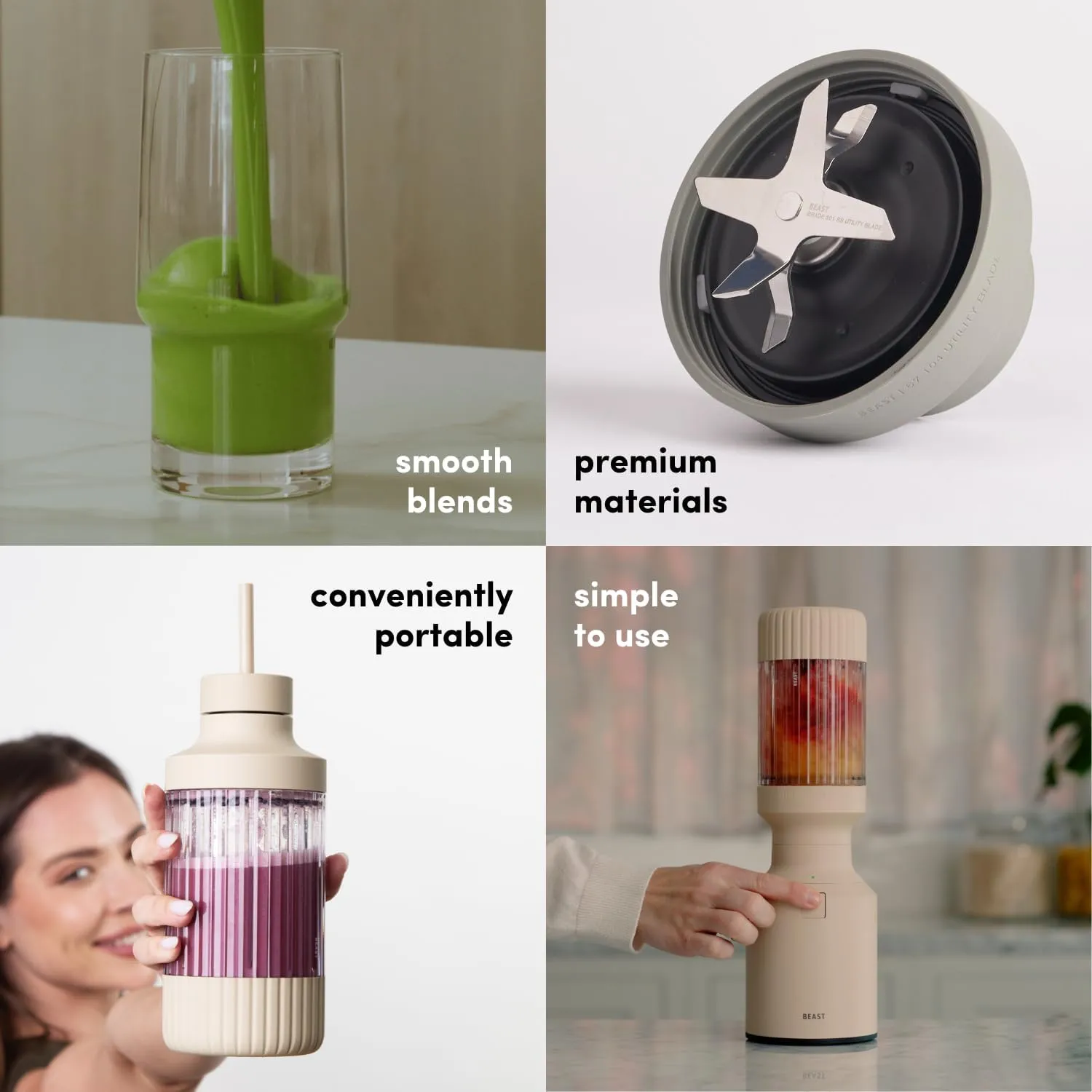 Beast Mighty 850 Plus | Premium Compact Personal Blender | Smoothies, Shakes, Dressings, Sauces | Blends Ice and Frozen Fruit | New XL Vessel | Extra Vessels, Lids and Straws | 850W (Sand)