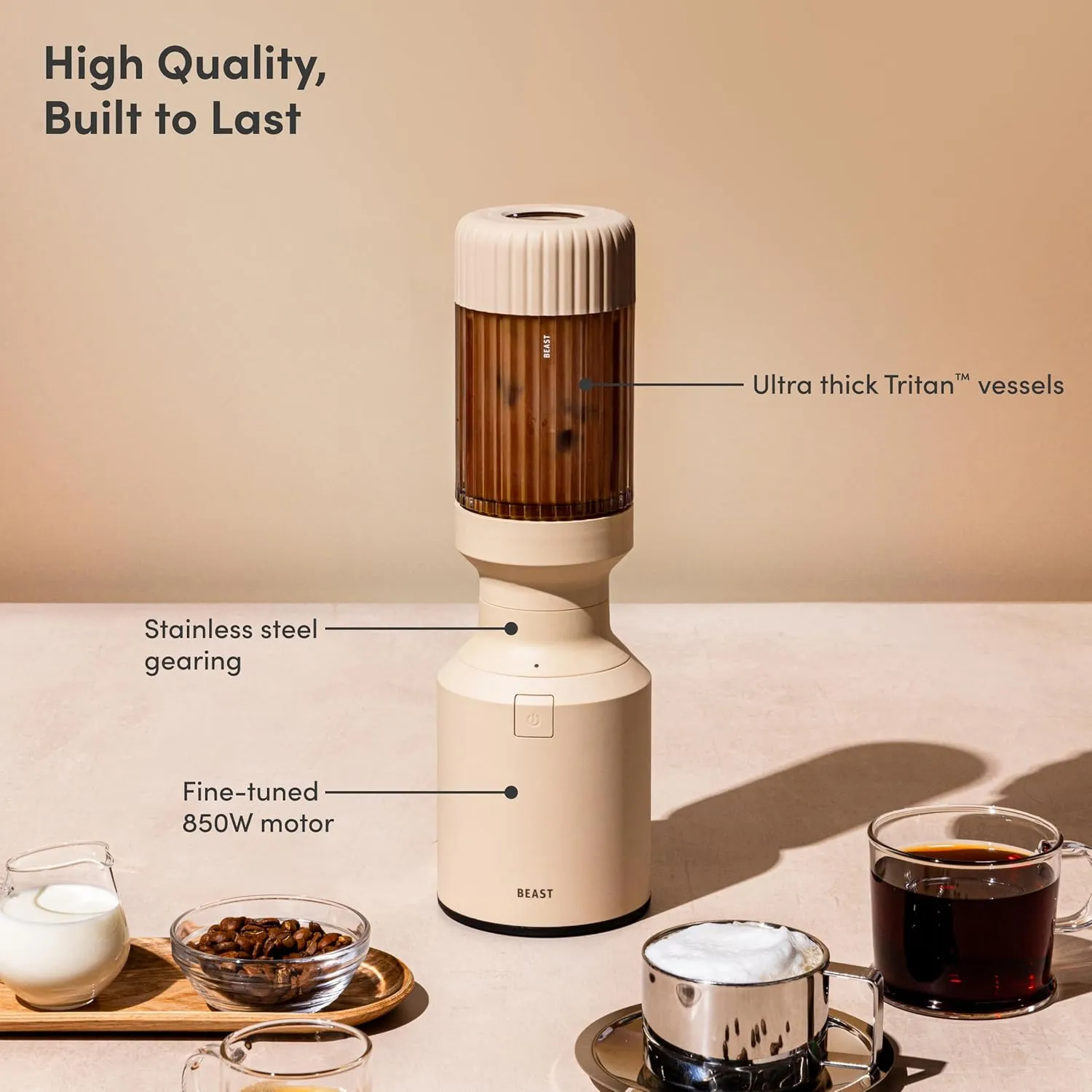 Beast Mighty 850 Plus | Premium Compact Personal Blender | Smoothies, Shakes, Dressings, Sauces | Blends Ice and Frozen Fruit | New XL Vessel | Extra Vessels, Lids and Straws | 850W (Sand)
