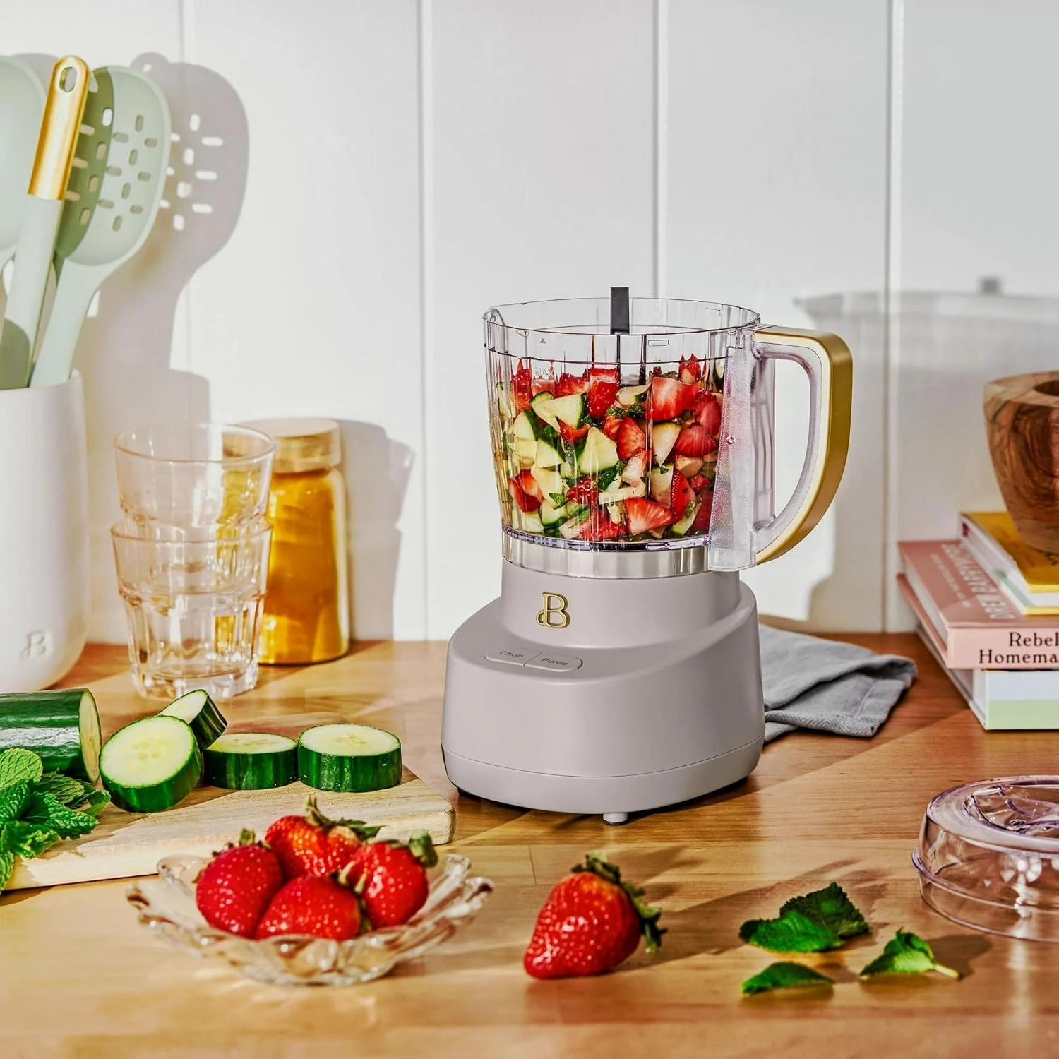 Beautiful 3-Cup Food Chopper, Electric Mini Processor with Glass Bowl, BPA-Free, Stainless Steel Blade, Dishwasher Safe, Compact Touch Control Kitchen Appliance, Powerful 250-watt (Porcini Taupe)