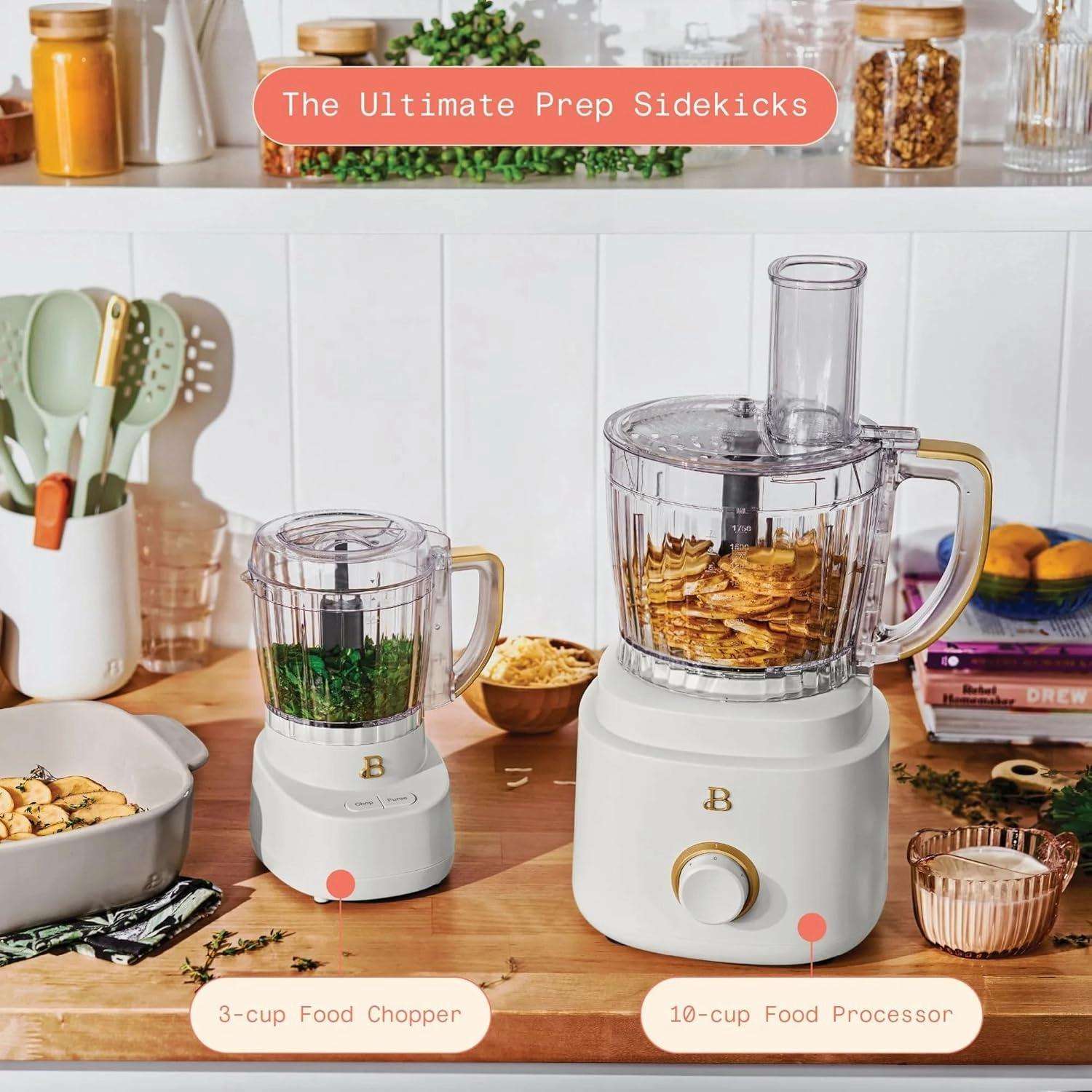 Beautiful 3-Cup Food Chopper, Electric Mini Processor with Glass Bowl, BPA-Free, Stainless Steel Blade, Dishwasher Safe, Compact Touch Control Kitchen Appliance Powerful 250-Watt (White Icing)