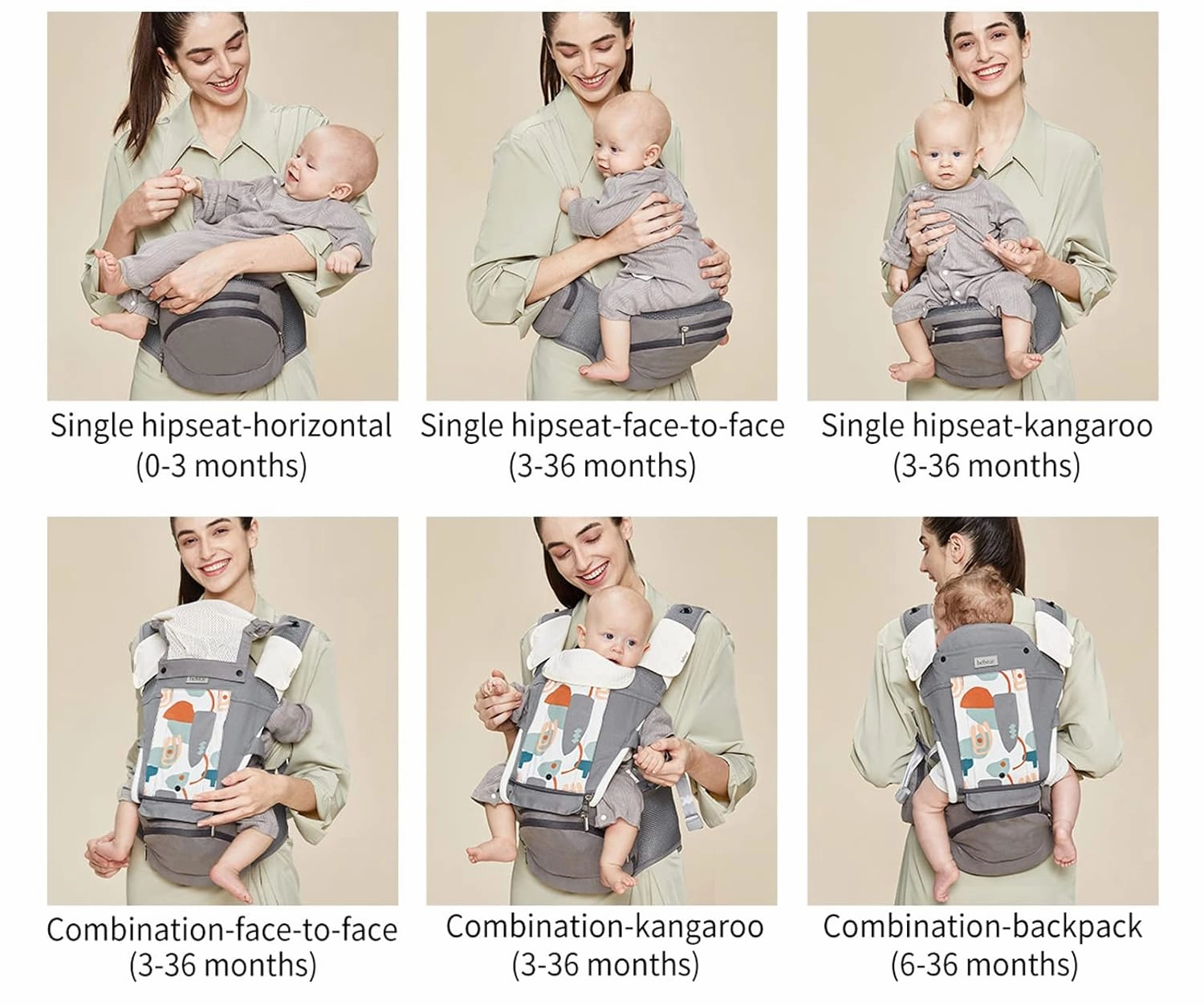 Bebamour Baby Carrier Newborn to Toddler-2 in 1 Hip Seat & Carrier Front and Back Carry with Head Hood & 3 Pieces Teething Pads& Waist Extenders & Storage Bag 0-36 Months (Green)