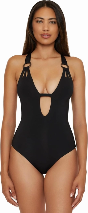 BECCA Women's Color Code One Piece Swimsuit, Plunge Neck, Ring Straps, Cut Out Detail, Bathing Suits