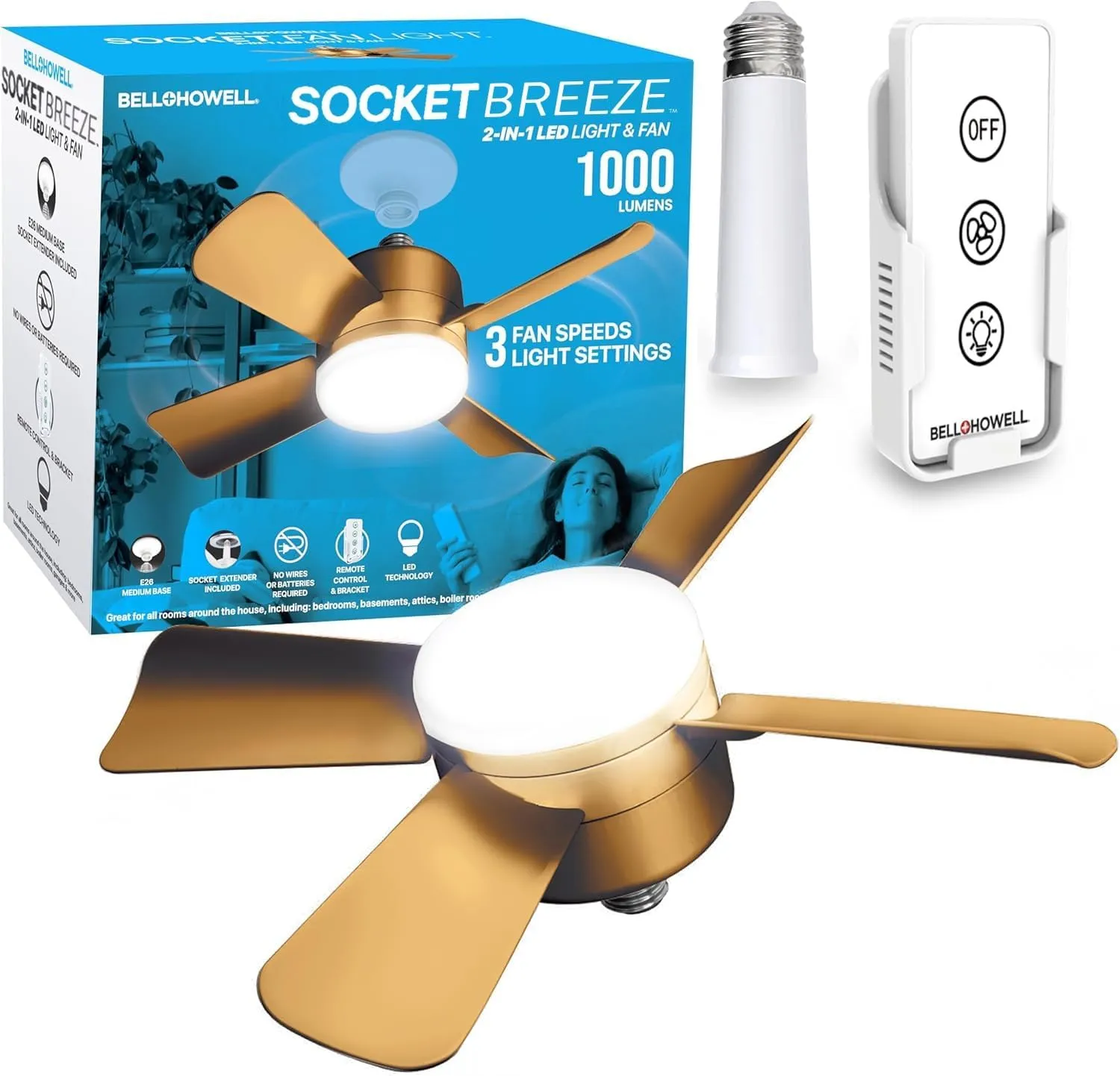Bell Howell Socket Breeze Cool Light Deluxe Bronze – Ceiling Fans with LED Lights and Remote Control, Replacement for Lightbulb - Bedroom, Kitchen, Living Room,1000 Lumens / 5000 Kelvins