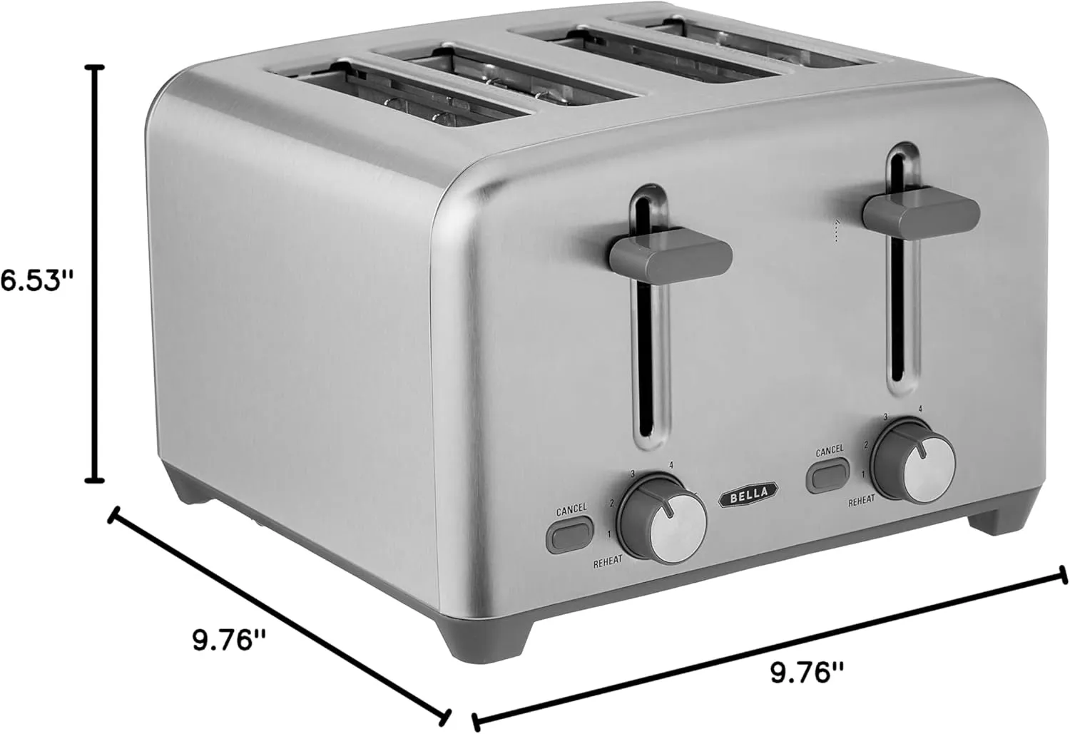 BELLA 4 Slice Toaster with Auto Shut Off - Extra Wide Slots and Removable Drop-Down Crumb Tray with Cancel and Reheat Function - For Texas Toast, Large Bread & Bagel, Stainless Steel