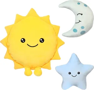 BenBen Sun Plush Toy 12 inch, Set of 3, 7 inch Stuffed Star and Moon, Cute Plushies Gift, Kids Bedroom Decorative Toy, Easter Basket Stuffers, Fun Plush Pillow for Home Décor