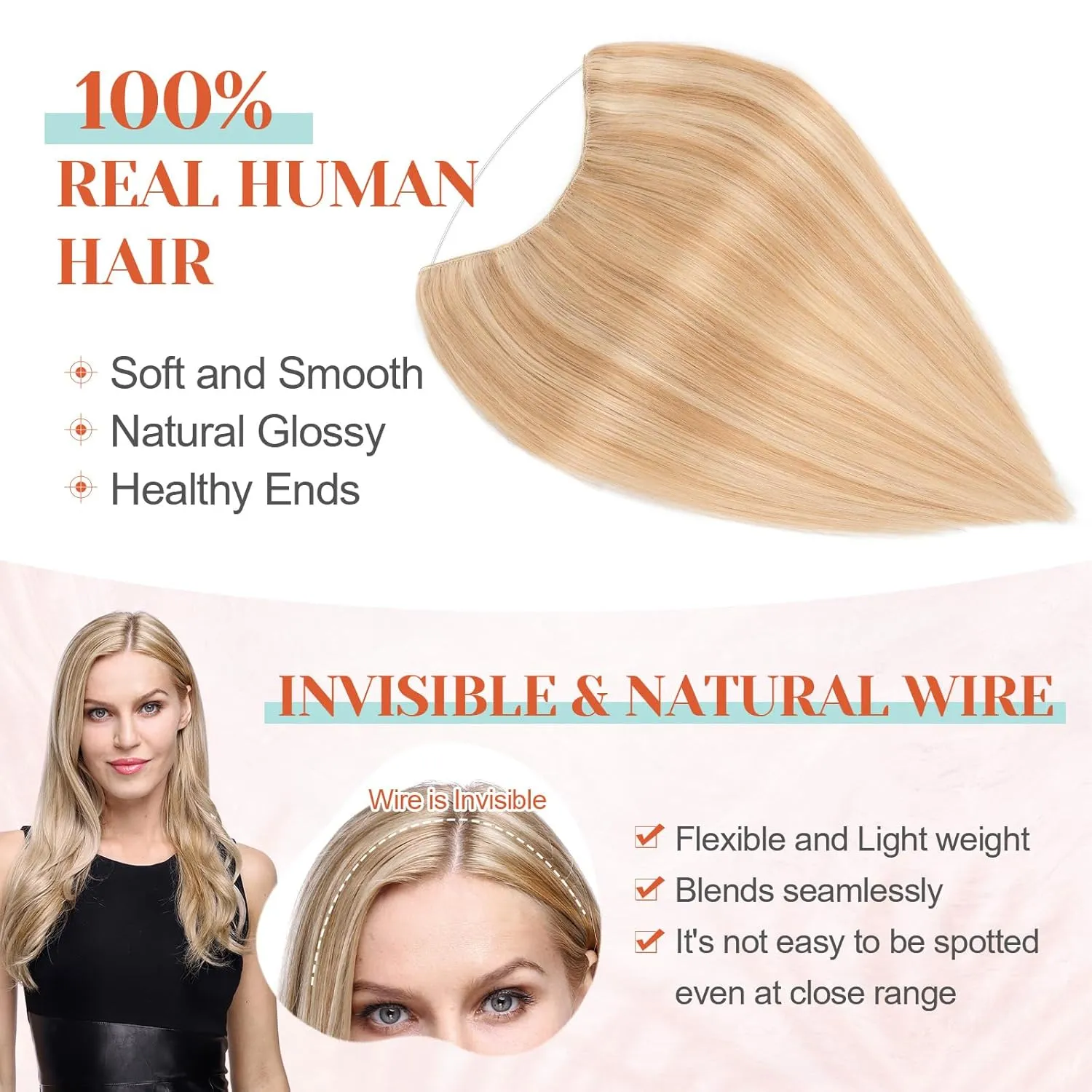 Benehair Halo Blonde Hair Extensions Real Human Hair Halo Extensions for Women 100% Human Hair Invisible Wire Hair Extensions Ash Blonde Highlights Bleach Blonde #18P613 18"