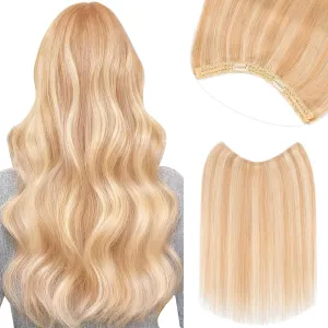 Benehair Halo Blonde Hair Extensions Real Human Hair Halo Extensions for Women 100% Human Hair Invisible Wire Hair Extensions Ash Blonde Highlights Bleach Blonde #18P613 18"