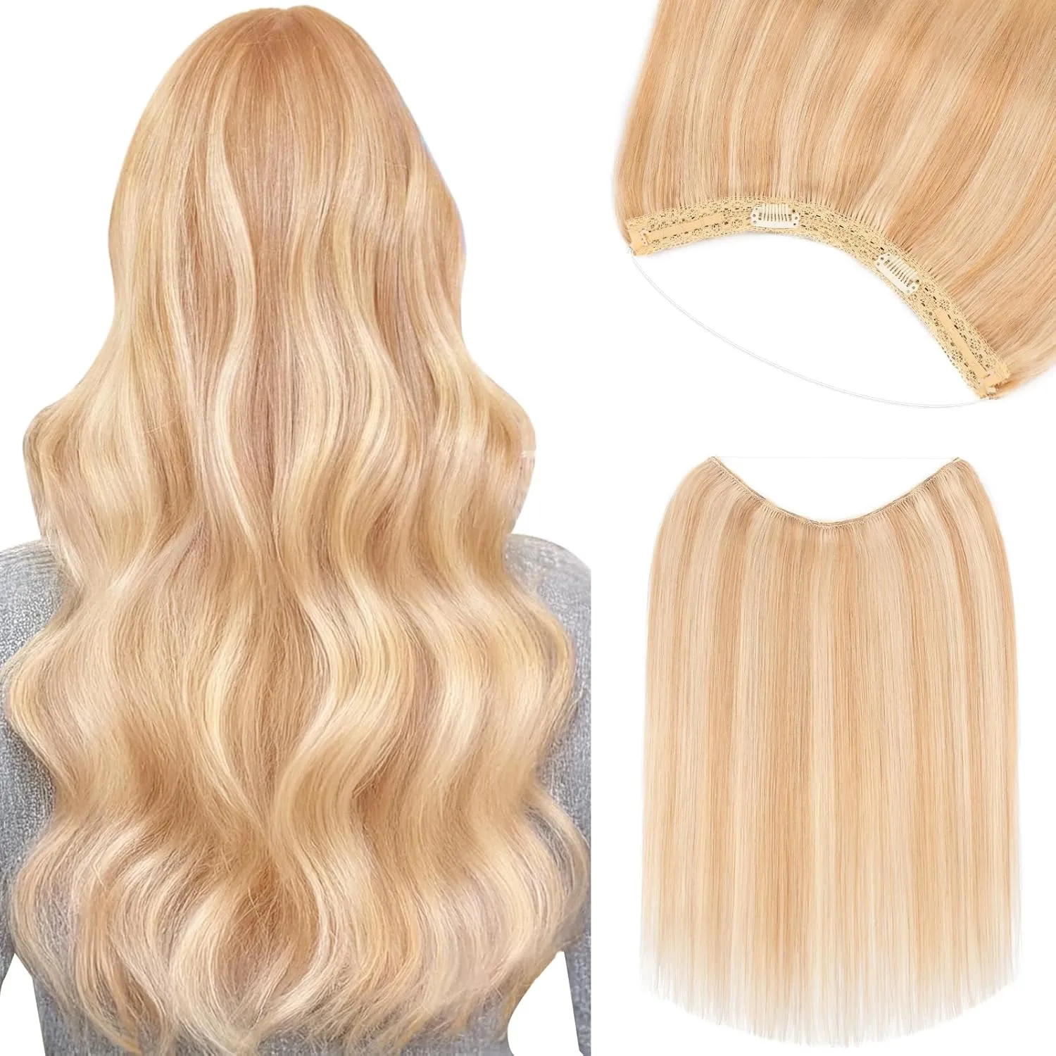 Benehair Halo Blonde Hair Extensions Real Human Hair Halo Extensions for Women 100% Human Hair Invisible Wire Hair Extensions Ash Blonde Highlights Bleach Blonde #18P613 18"