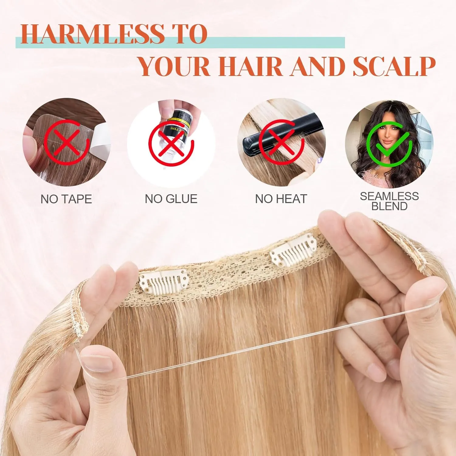 Benehair Halo Blonde Hair Extensions Real Human Hair Halo Extensions for Women 100% Human Hair Invisible Wire Hair Extensions Ash Blonde Highlights Bleach Blonde #18P613 18"