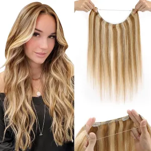 Benehair Halo Hair Extensions Real Human Hair 18 Inch Halo Extensions for Women 100% Human Hair Invisible Wire Hair Extensions Golden Brown Hightlights Bleach Blonde #12P613