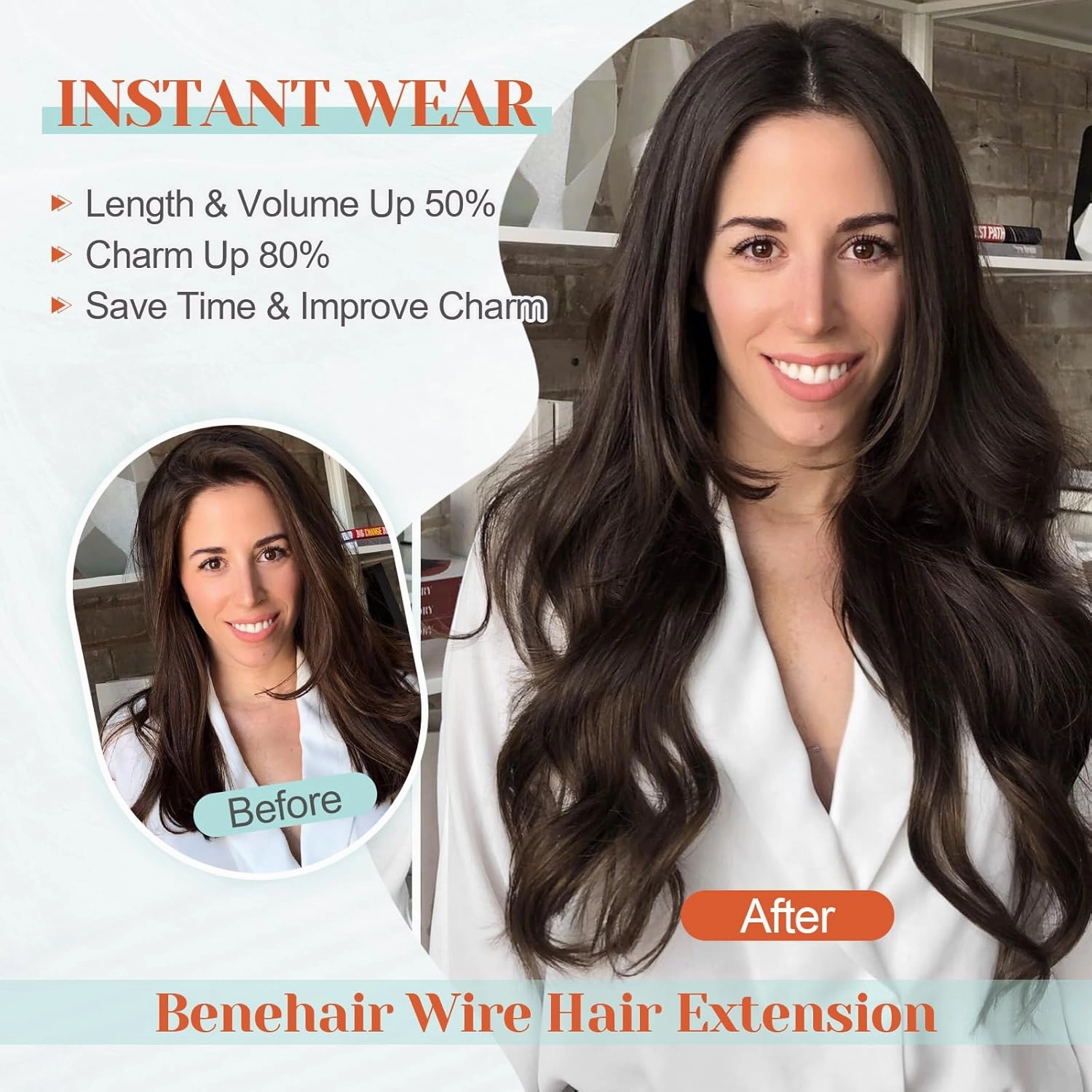 Benehair Miracle Wire Hair Extension for Women Real Human Hair Wavy Hairpieces with Invisible Secret Wire Adjustable Wire Replacement Light Brown Hair Extension 16inch for Thinning Hair #6