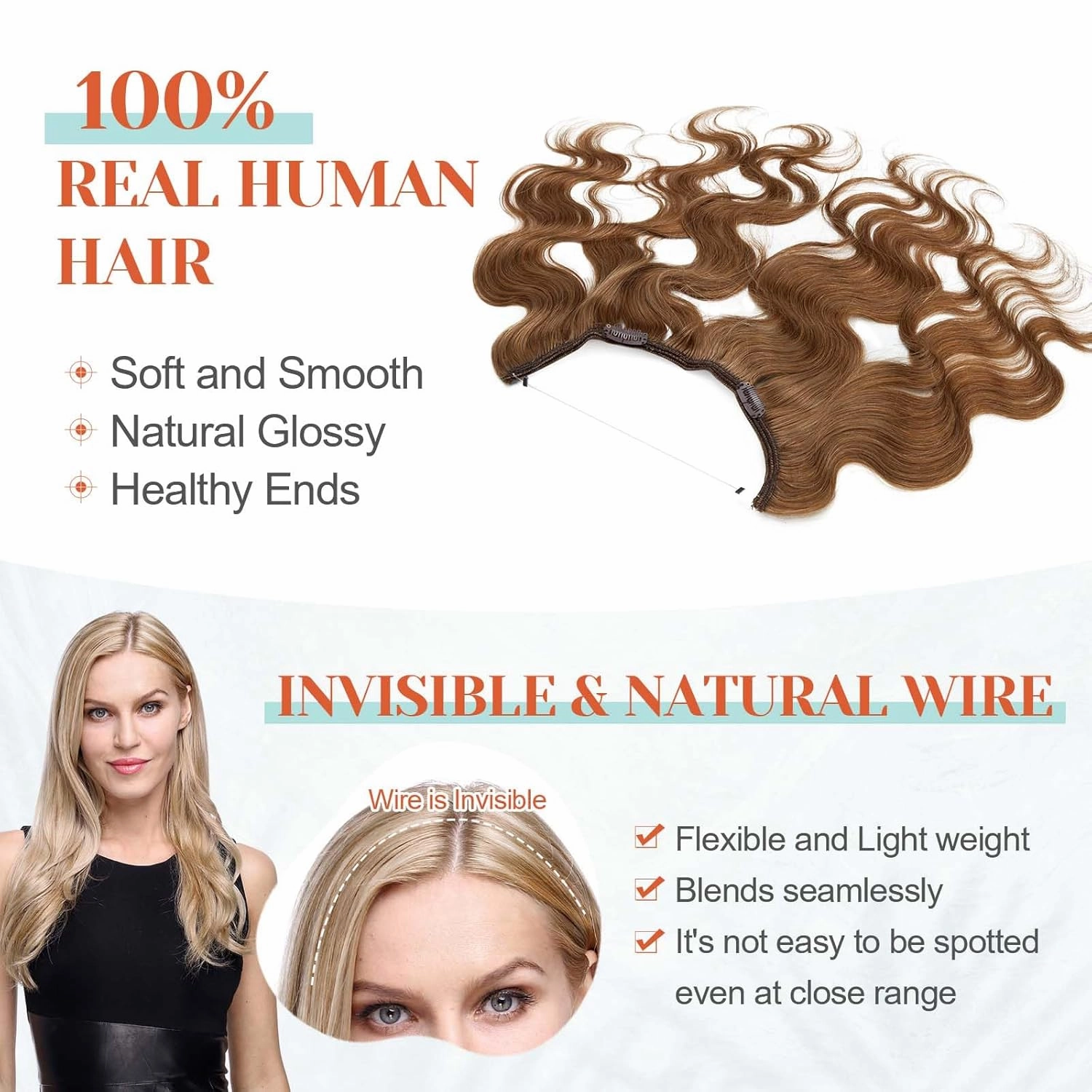 Benehair Miracle Wire Hair Extension for Women Real Human Hair Wavy Hairpieces with Invisible Secret Wire Adjustable Wire Replacement Light Brown Hair Extension 16inch for Thinning Hair #6