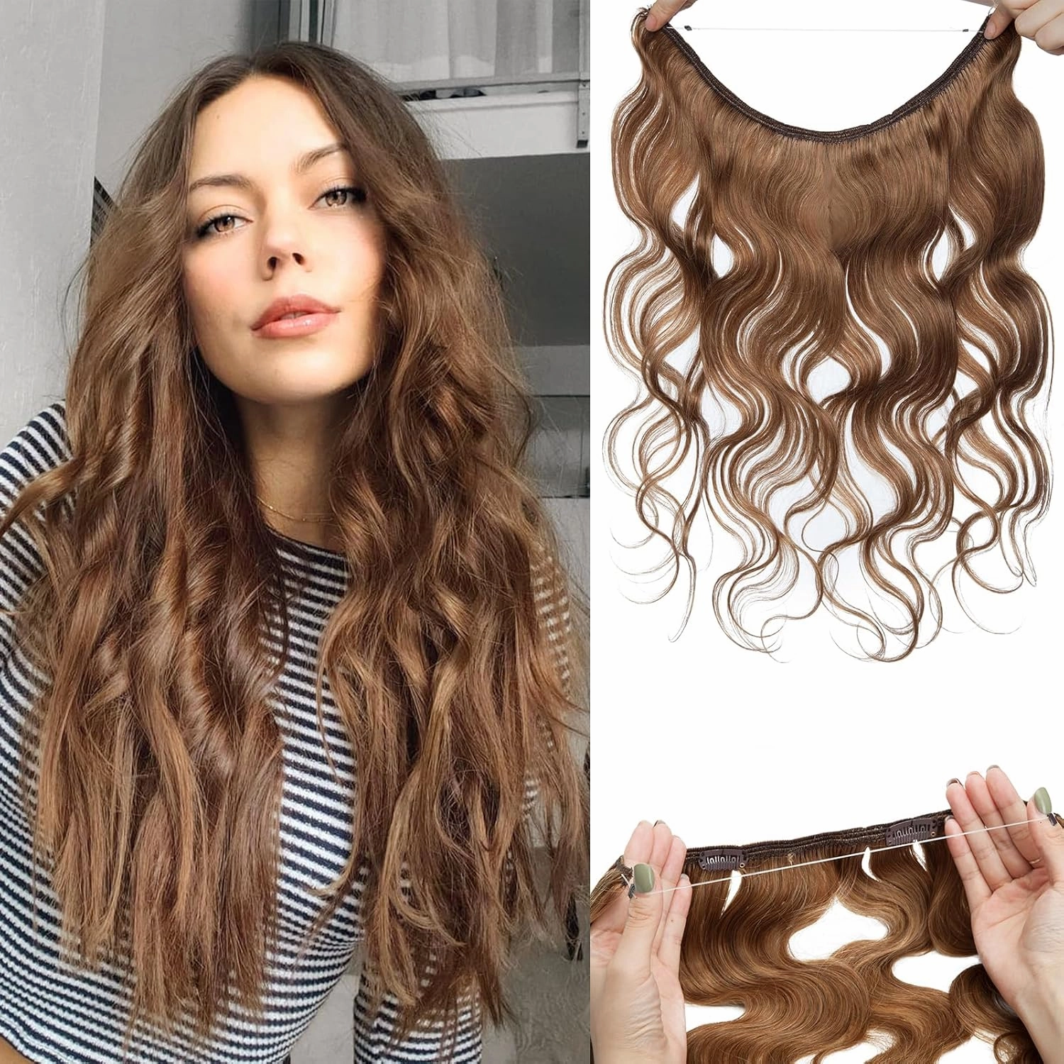 Benehair Miracle Wire Hair Extension for Women Real Human Hair Wavy Hairpieces with Invisible Secret Wire Adjustable Wire Replacement Light Brown Hair Extension 16inch for Thinning Hair #6