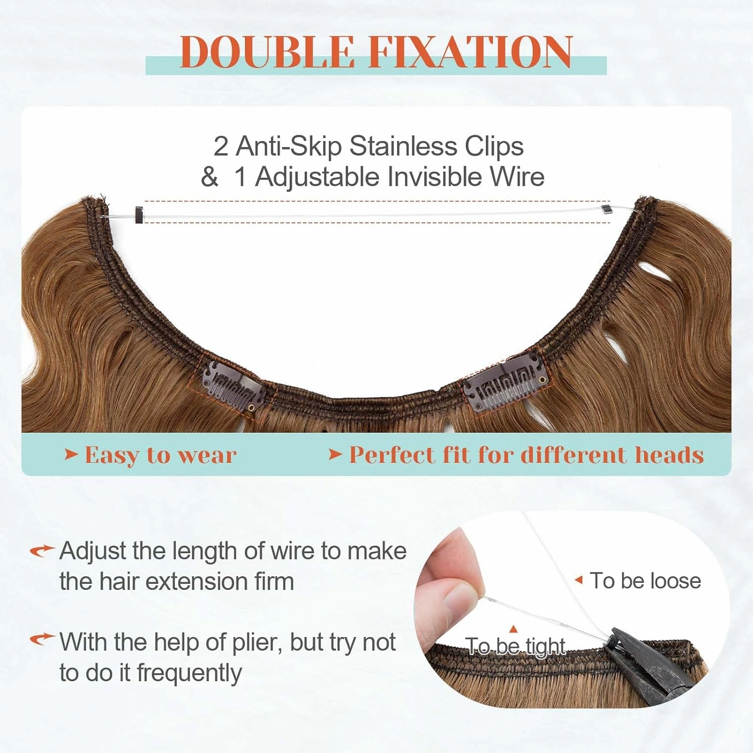 Benehair Miracle Wire Hair Extension for Women Real Human Hair Wavy Hairpieces with Invisible Secret Wire Adjustable Wire Replacement Light Brown Hair Extension 16inch for Thinning Hair #6