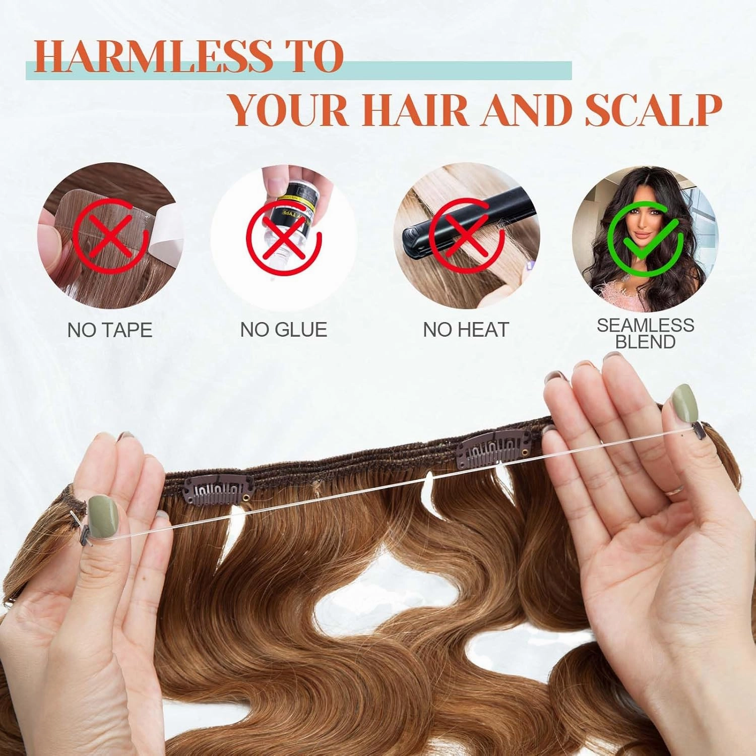 Benehair Miracle Wire Hair Extension for Women Real Human Hair Wavy Hairpieces with Invisible Secret Wire Adjustable Wire Replacement Light Brown Hair Extension 16inch for Thinning Hair #6