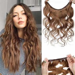 Benehair Miracle Wire Hair Extension for Women Real Human Hair Wavy Hairpieces with Invisible Secret Wire Adjustable Wire Replacement Light Brown Hair Extension 16inch for Thinning Hair #6