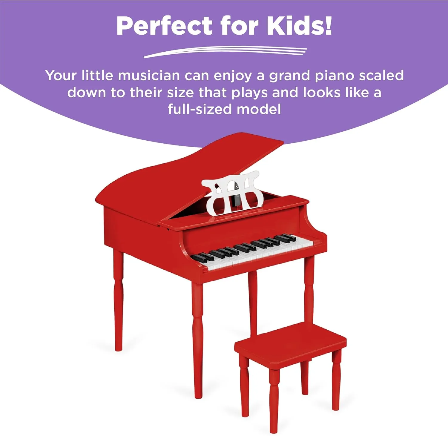 Best Choice Products Kids Classic Wooden 30-Key Mini Grand Piano Musical Instrument w/Piano Lid, Bench, Foldable Music Rack, Song Book, Note Stickers, Enamel Finish - Red