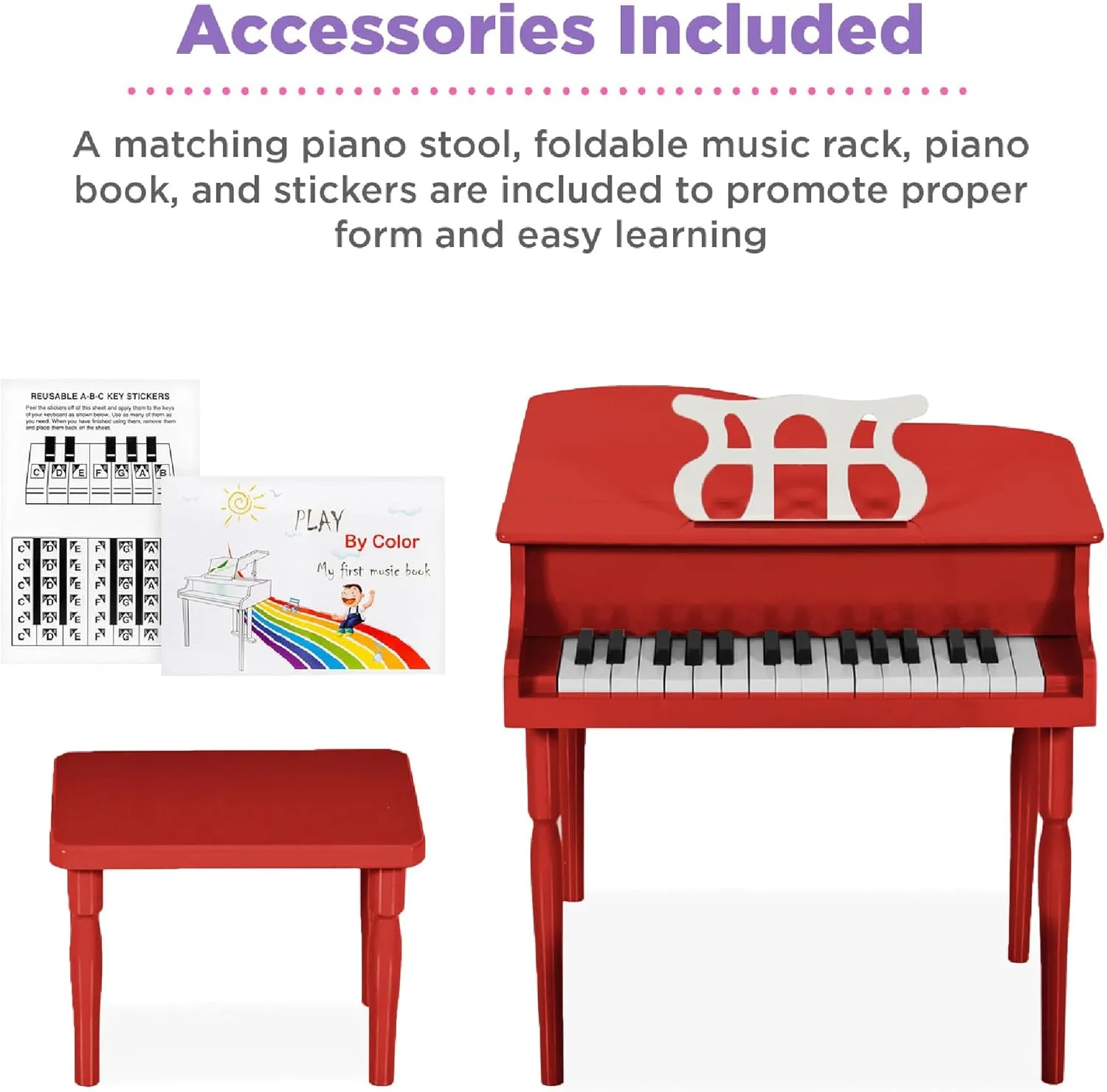 Best Choice Products Kids Classic Wooden 30-Key Mini Grand Piano Musical Instrument w/Piano Lid, Bench, Foldable Music Rack, Song Book, Note Stickers, Enamel Finish - Red