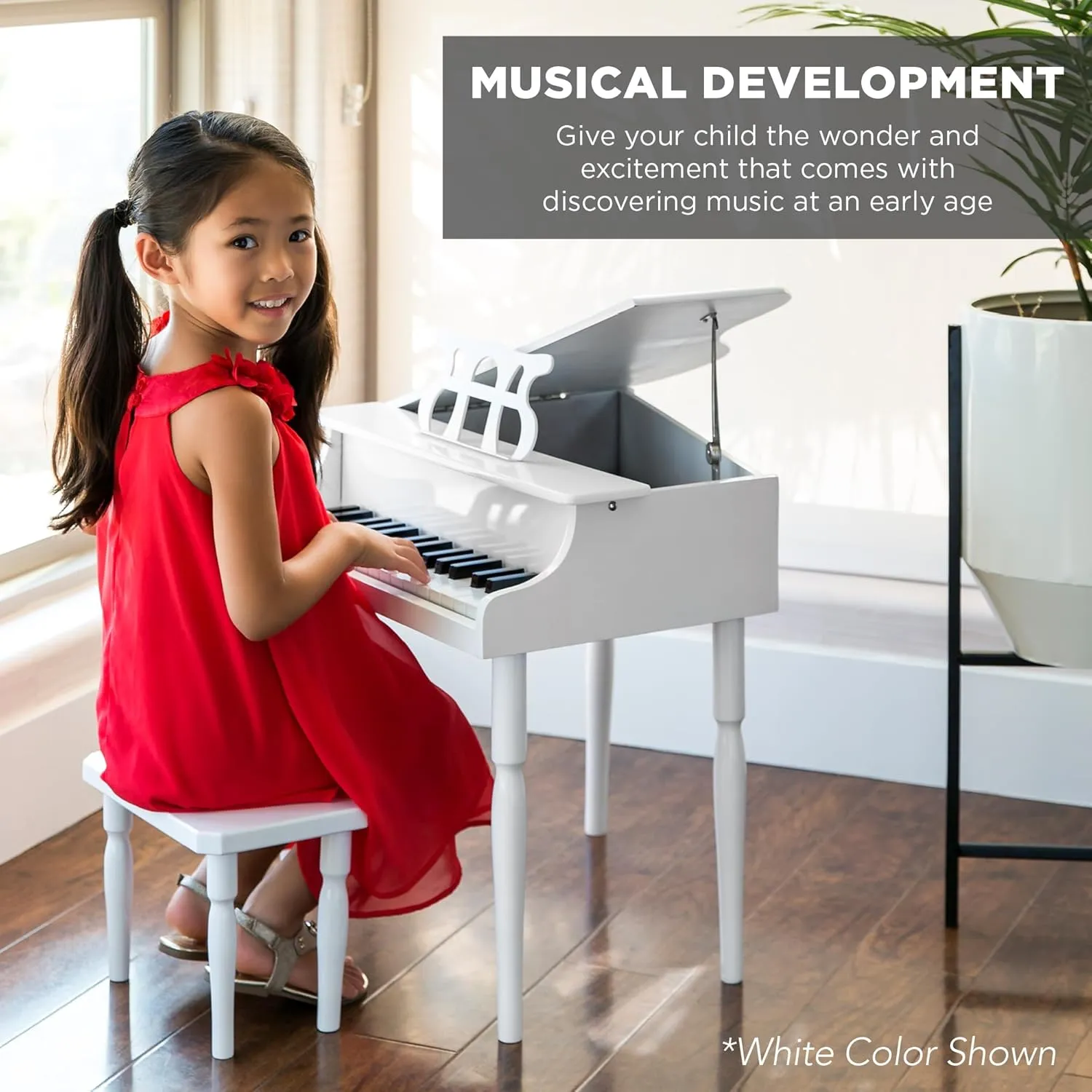 Best Choice Products Kids Classic Wooden 30-Key Mini Grand Piano Musical Instrument w/Piano Lid, Bench, Foldable Music Rack, Song Book, Note Stickers, Enamel Finish - Red