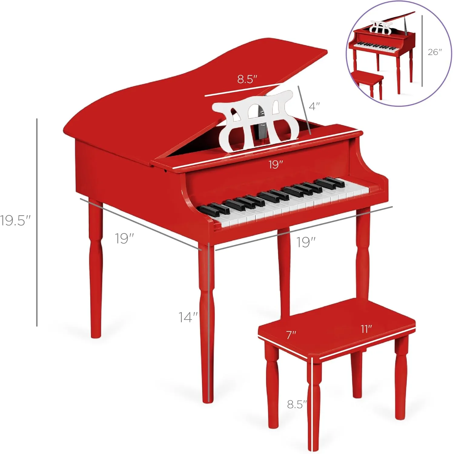 Best Choice Products Kids Classic Wooden 30-Key Mini Grand Piano Musical Instrument w/Piano Lid, Bench, Foldable Music Rack, Song Book, Note Stickers, Enamel Finish - Red