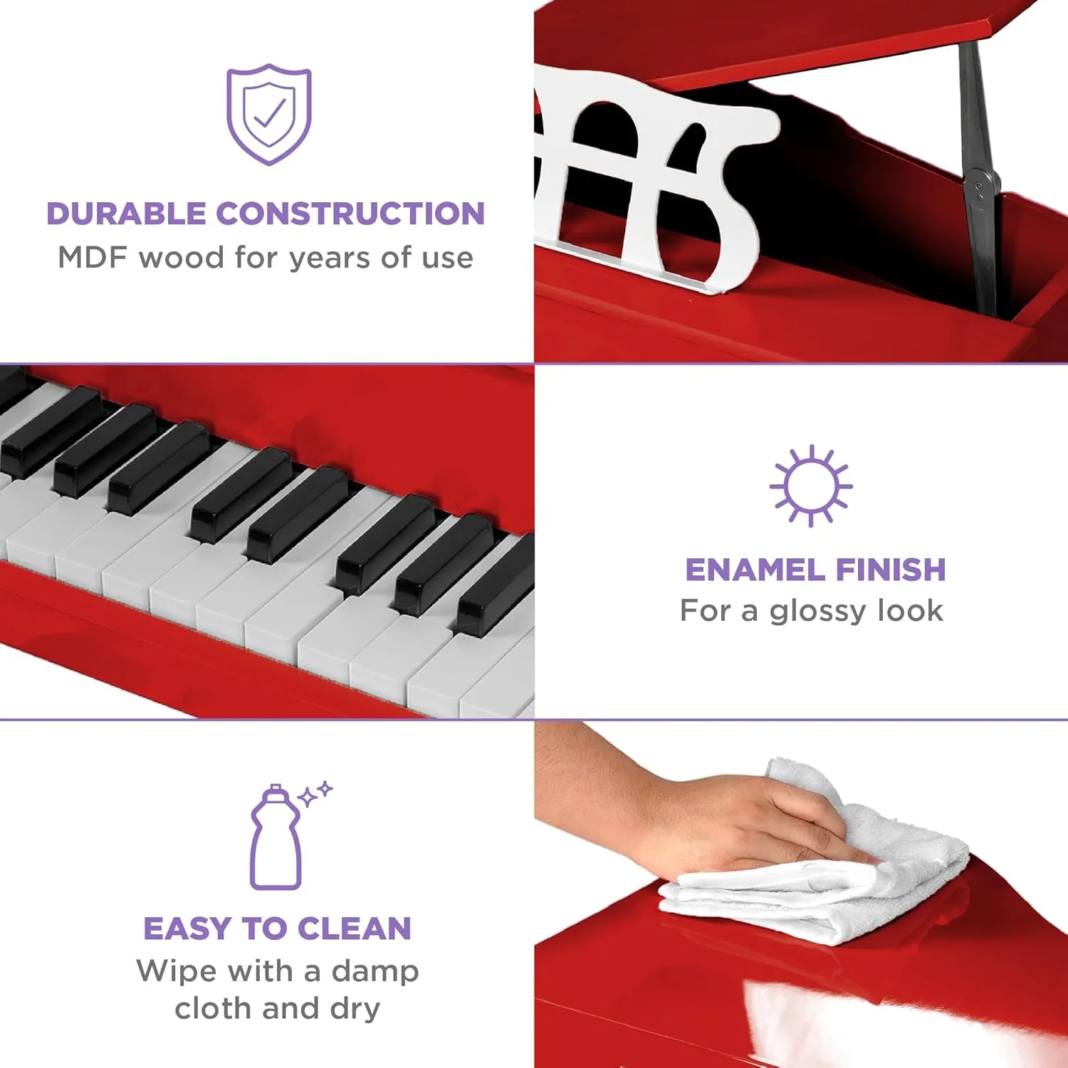 Best Choice Products Kids Classic Wooden 30-Key Mini Grand Piano Musical Instrument w/Piano Lid, Bench, Foldable Music Rack, Song Book, Note Stickers, Enamel Finish - Red