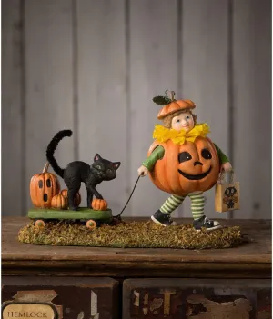 Bethany Lowe Resin Pumpkin Paige Pulling a Wagon with Cat Figurine, Multicolor