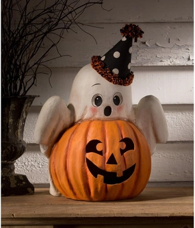Bethany Lowe Boo Ghost with Party Hat Over a Jack-O-Lantern, Paper, Multicolor, TJ3304