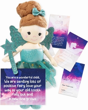 BETTERLINE Tooth Fairy Doll with 26 Blessing Cards, Tooth Holder & Magical Wand, Lost Tooth Keepsake Gift for Kids