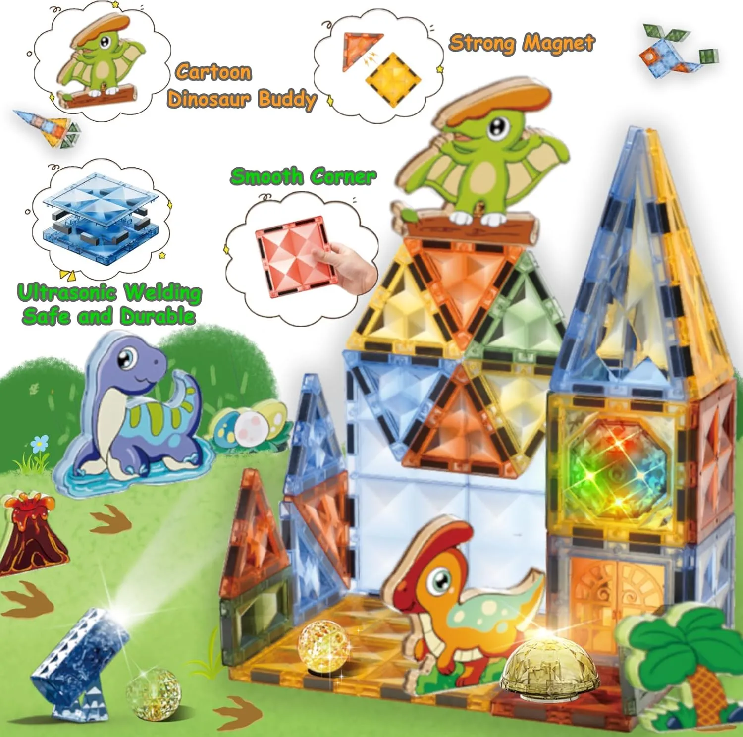 BINZKBB Magnetic Tiles 110PCS - 3D Lighted Magnet Building Blocks for Kids,Creative Dinosaur Toys Educational Sensory Stack STEM Construction Toys for Kids Ages 3 4 5 6 8 10  Year Old Boys Girls