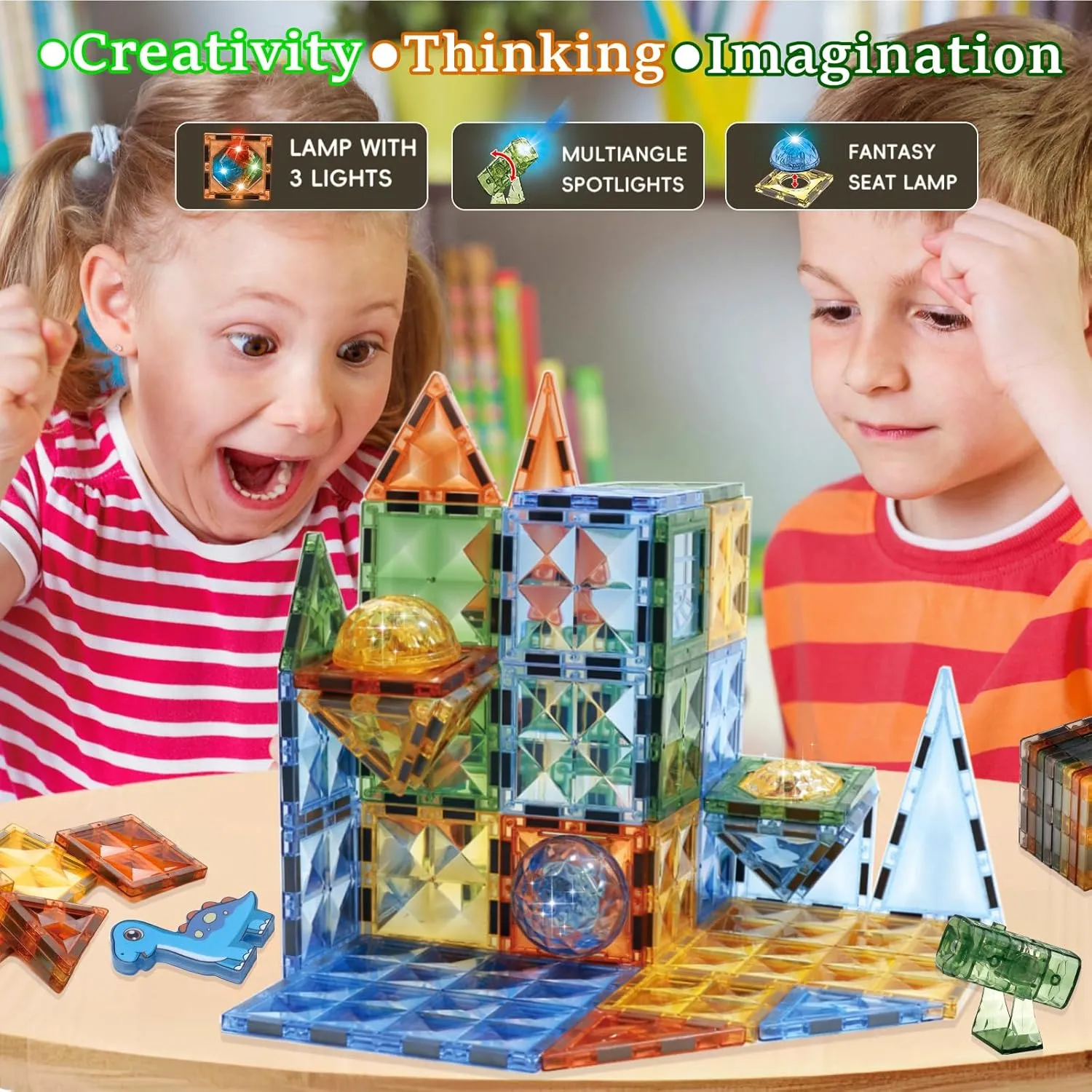 BINZKBB Magnetic Tiles Building Blocks,Lighted 3D Clear Educational STEM Construction Set,Preschool Sensory Magnet Dinosaur Creativity Toys for Kids Age 3 4 5 6 8  Years Old Girls Boys Toddlers