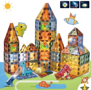 BINZKBB Magnetic Tiles Building Blocks,Lighted 3D Clear Educational STEM Construction Set,Preschool Sensory Magnet Dinosaur Creativity Toys for Kids Age 3 4 5 6 8  Years Old Girls Boys Toddlers