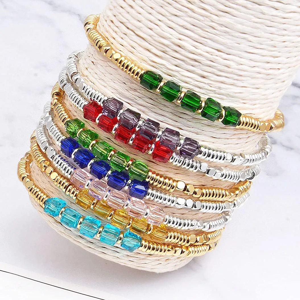 Birthstone Bracelet for Women Dainty 18K Gold Plated Beaded Bracelets Stackable Stretch Gemstone Crystal Beaded Bracelet for Women Girls Birthday Jewelry Gifts