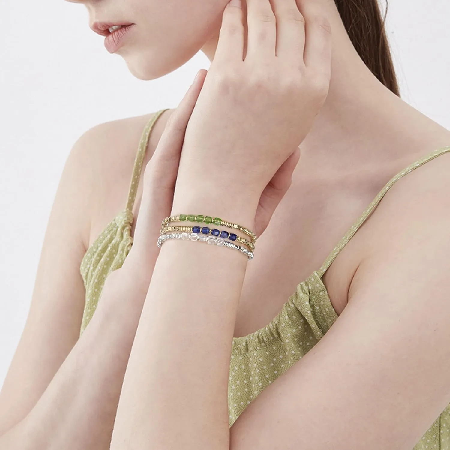 Birthstone Bracelet for Women Dainty 18K Gold Plated Beaded Bracelets Stackable Stretch Gemstone Crystal Beaded Bracelet for Women Girls Birthday Jewelry Gifts