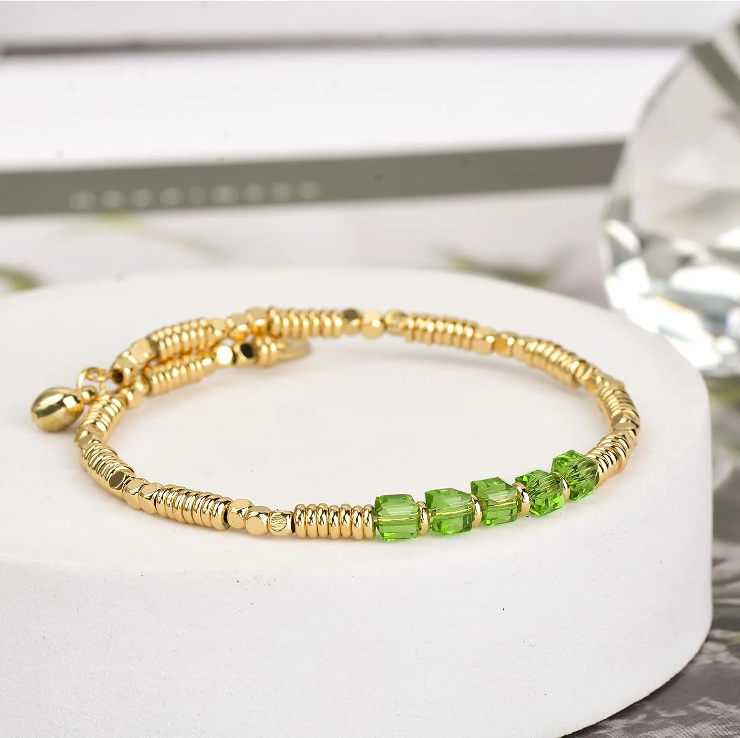 Birthstone Bracelet for Women Dainty 18K Gold Plated Beaded Bracelets Stackable Stretch Gemstone Crystal Beaded Bracelet for Women Girls Birthday Jewelry Gifts
