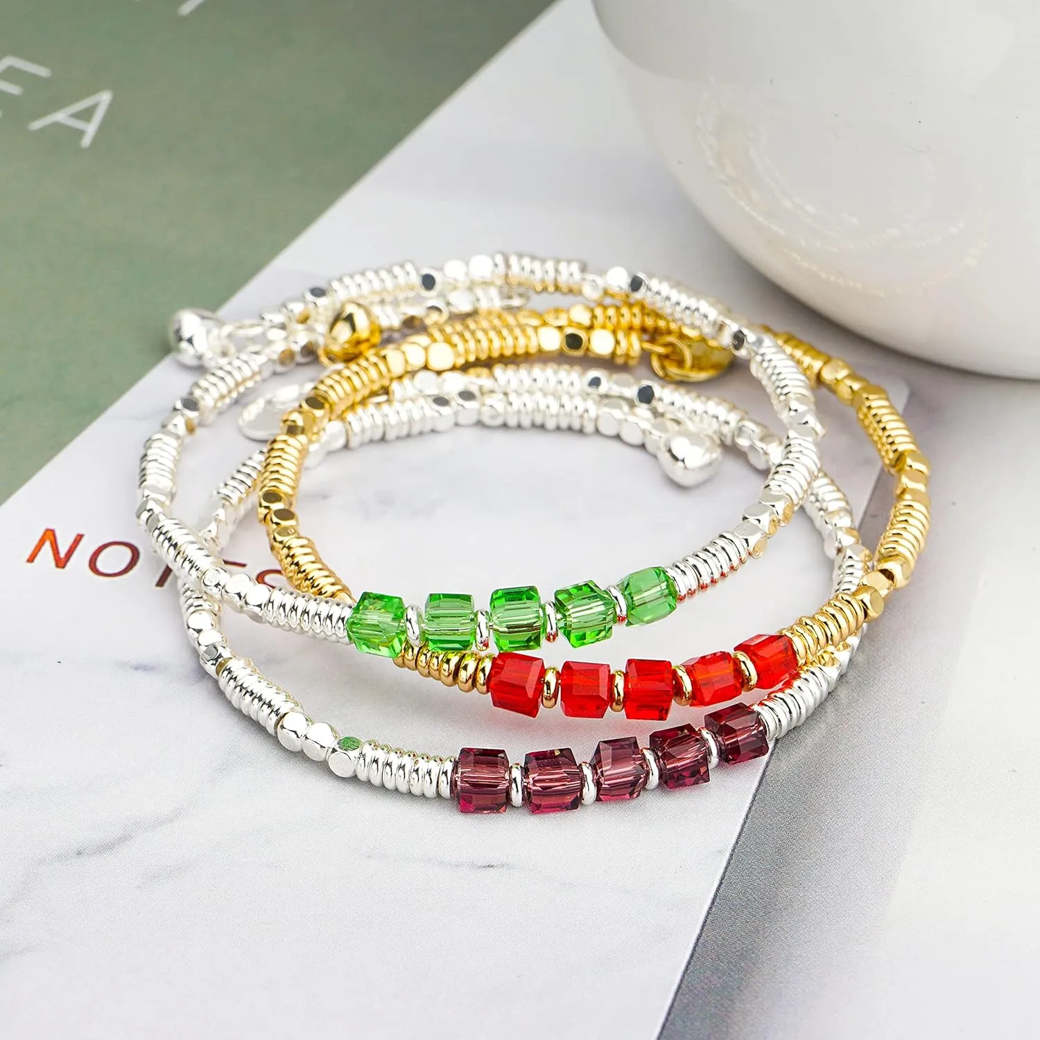 Birthstone Bracelet for Women Dainty Silver Plated Beaded Bracelets Stackable Stretch Gemstone Crystal Beaded Bracelet for Women Girls Birthday Jewelry Gifts