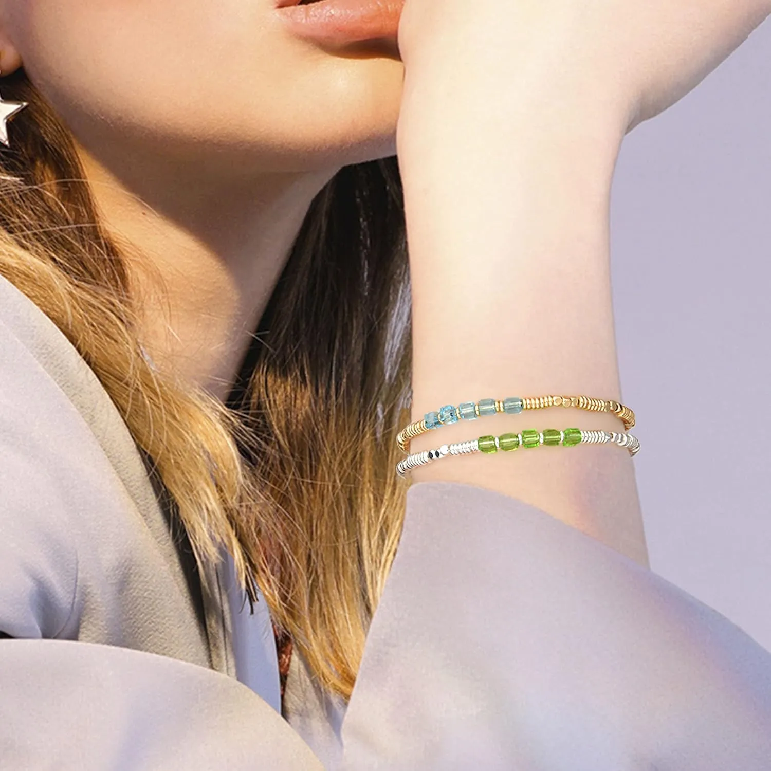 Birthstone Bracelet for Women Dainty Silver Plated Beaded Bracelets Stackable Stretch Gemstone Crystal Beaded Bracelet for Women Girls Birthday Jewelry Gifts