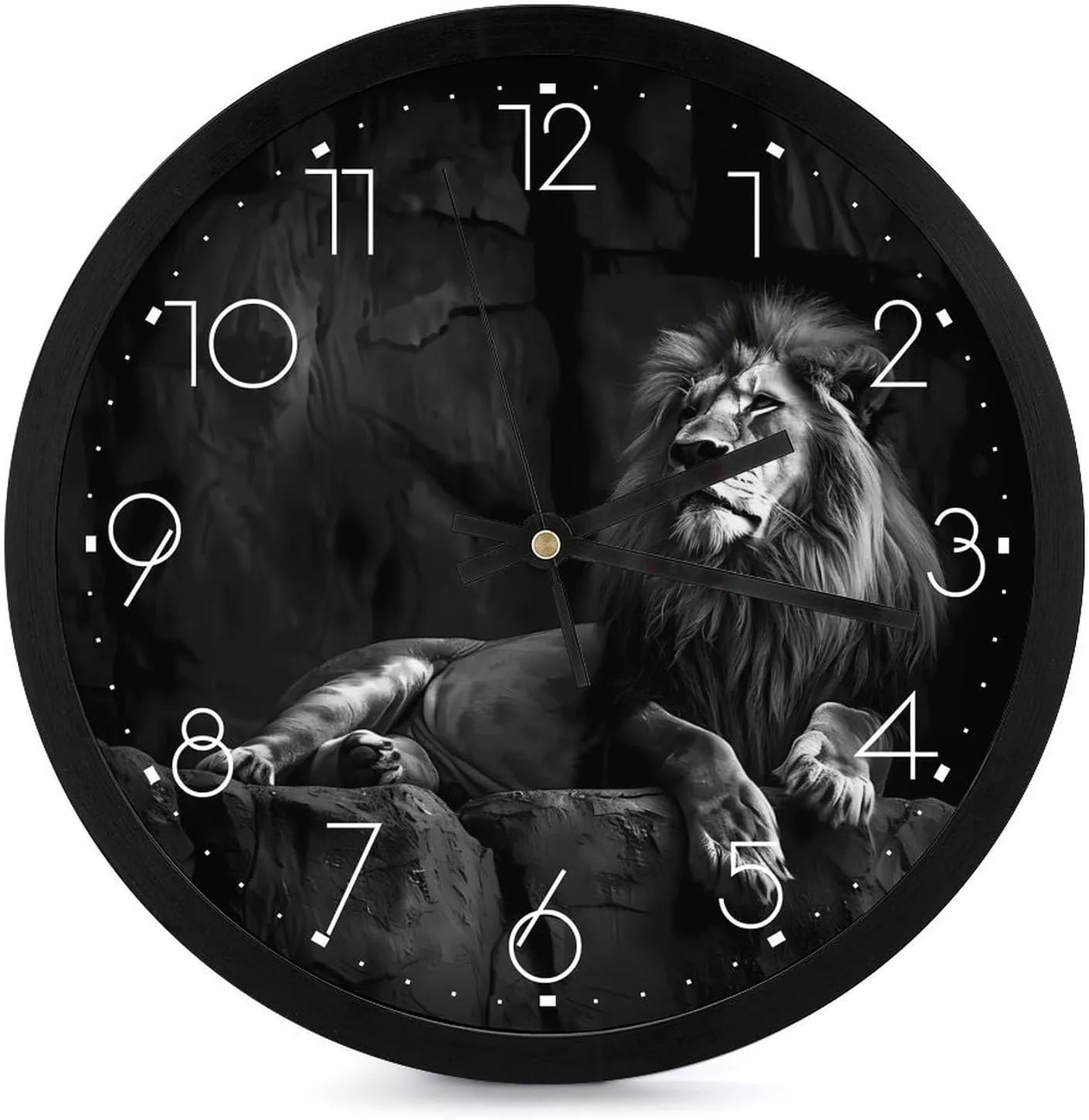 Black and White Lion Wall Clock 10 Inch Silent Non-ticking Battery Operated Decorative Clock for Kitchen Bedroom