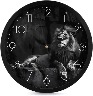 Black and White Lion Wall Clock 10 Inch Silent Non-ticking Battery Operated Decorative Clock for Kitchen Bedroom