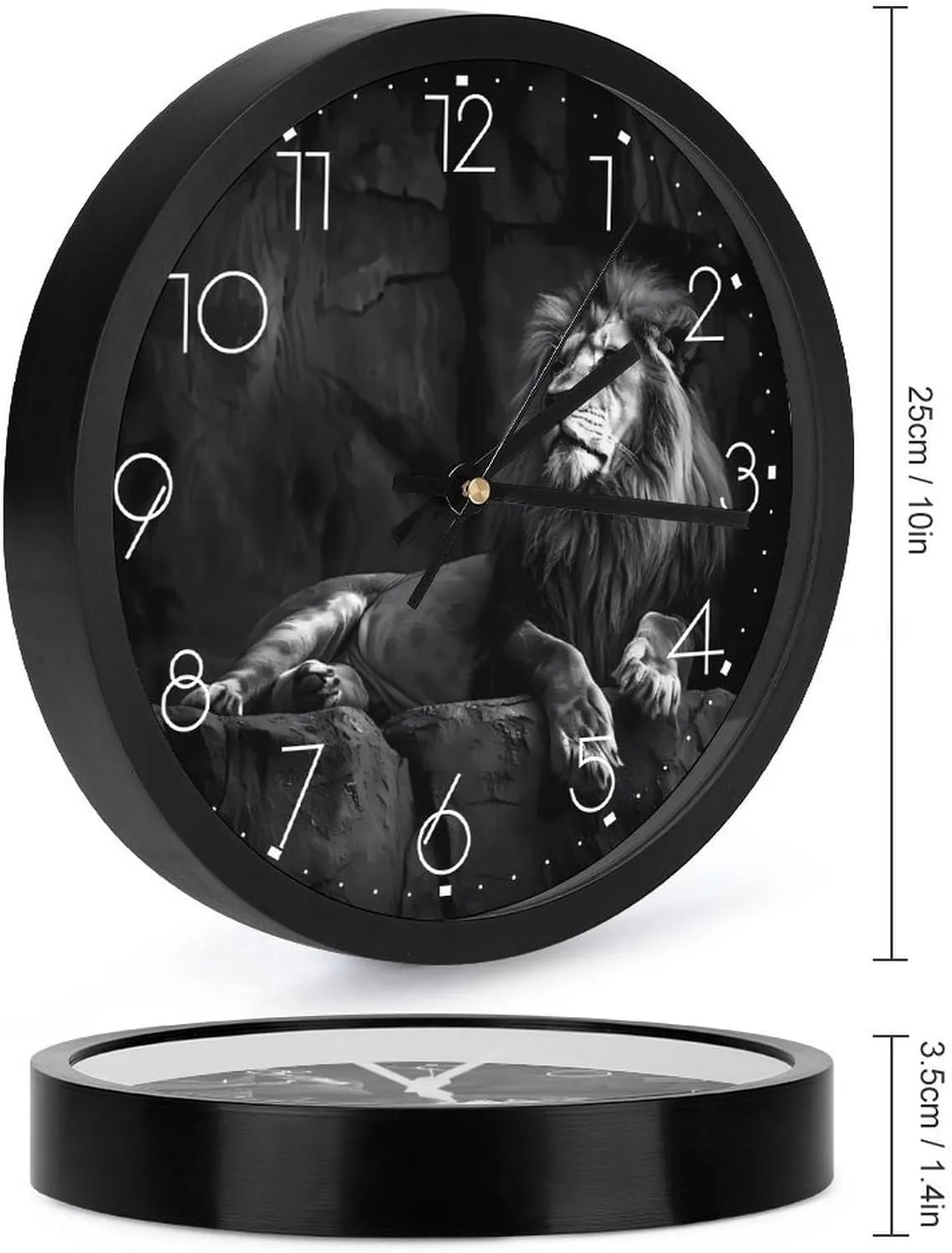 Black and White Lion Wall Clock 10 Inch Silent Non-ticking Battery Operated Decorative Clock for Kitchen Bedroom