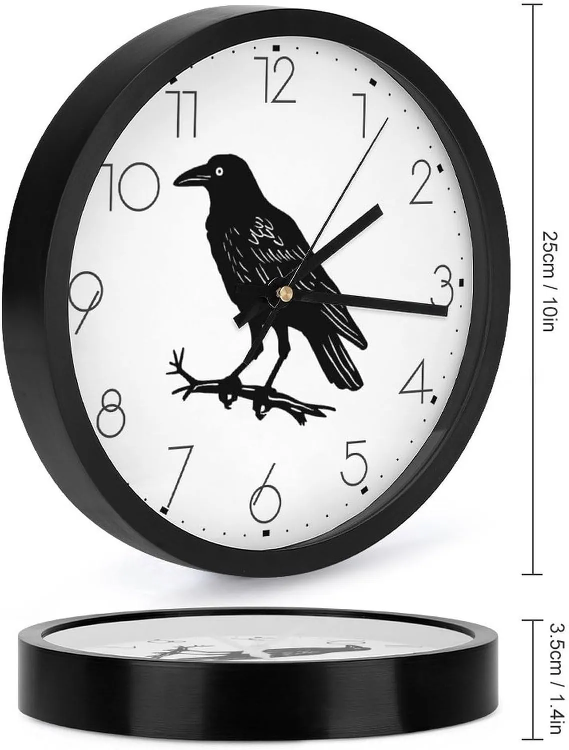 Black Crow Wall Clock 10 Inch Silent Non-ticking Battery Operated Decorative Clock for Kitchen Bedroom
