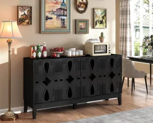 Black Sideboard Buffet with Hollow Carved Doors and Outlet Holes,Accent Cabinet,Credenzas Storage Cabinet for Living,Kitchen