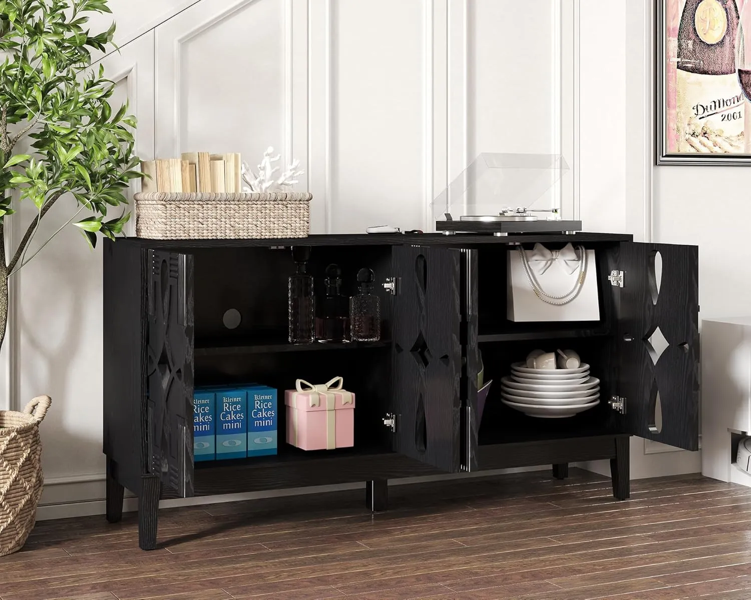 Black Sideboard Buffet with Hollow Carved Doors and Outlet Holes,Accent Cabinet,Credenzas Storage Cabinet for Living,Kitchen