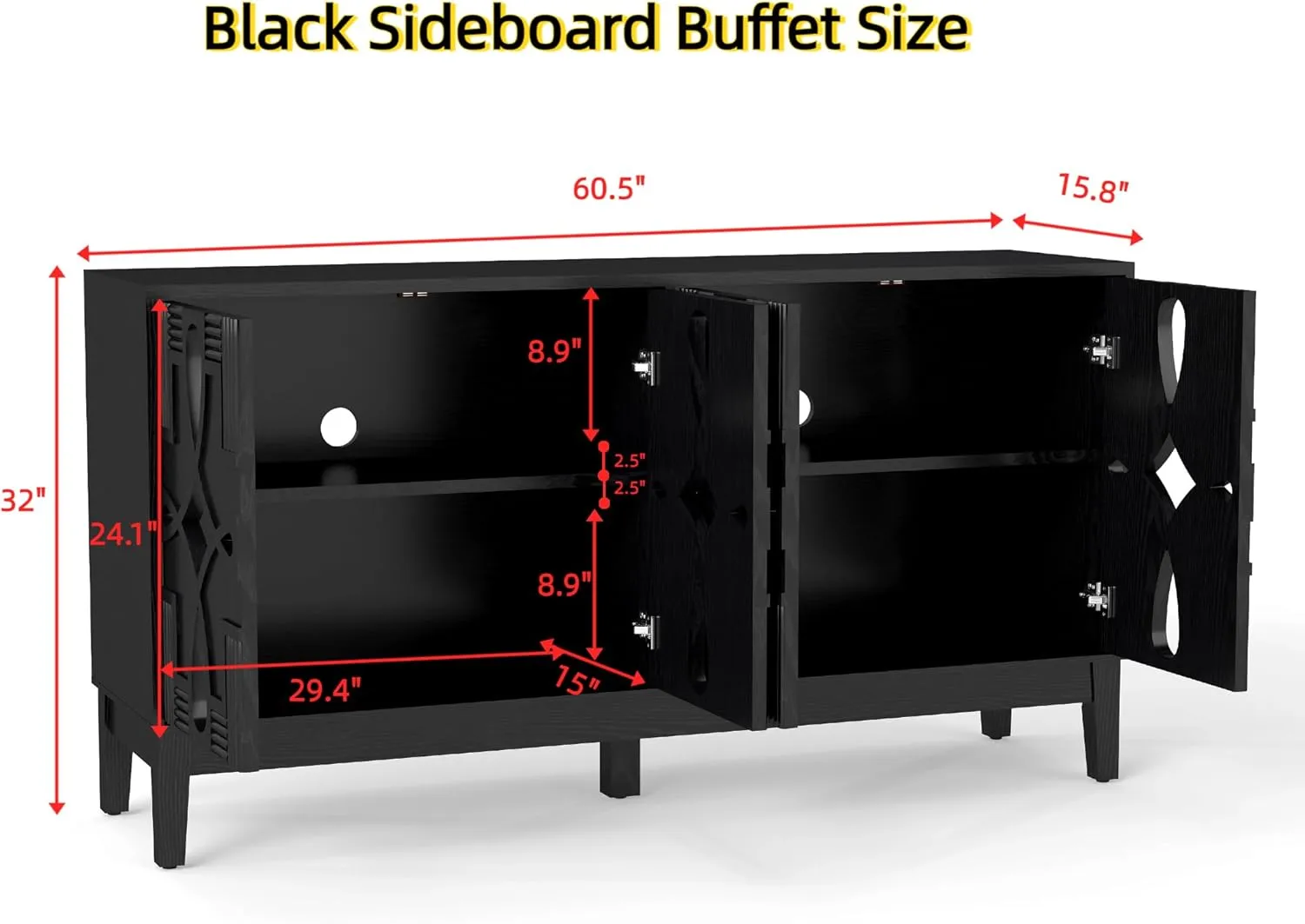 Black Sideboard Buffet with Hollow Carved Doors and Outlet Holes,Accent Cabinet,Credenzas Storage Cabinet for Living,Kitchen