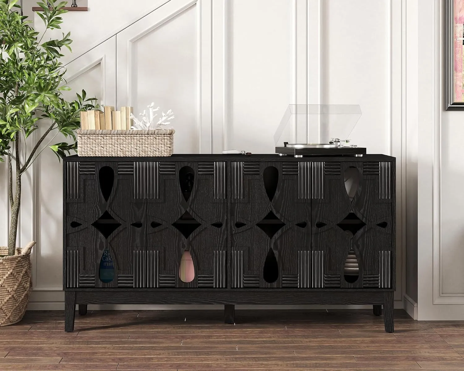 Black Sideboard Buffet with Hollow Carved Doors and Outlet Holes,Accent Cabinet,Credenzas Storage Cabinet for Living,Kitchen