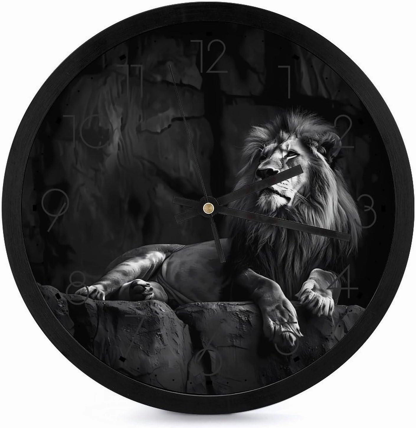 Black and White Lion Wall Clock 10 Inch Silent Non-ticking Battery Operated Decorative Clock for Kitchen Bedroom