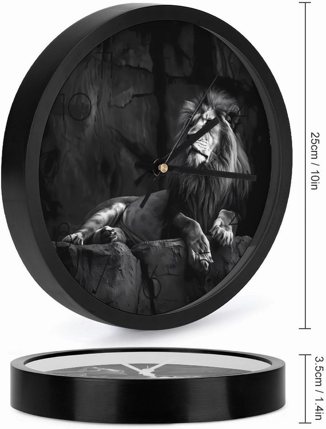 Black and White Lion Wall Clock 10 Inch Silent Non-ticking Battery Operated Decorative Clock for Kitchen Bedroom